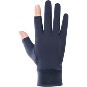 A pair of navy sun protective gloves with two open fingers and a fitted wrist design.