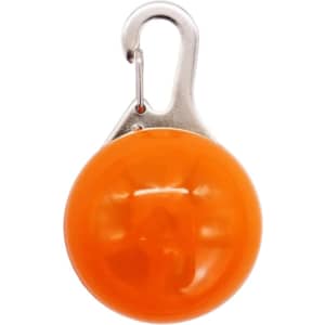 An orange LED light with a silver clip, designed for attaching to items like a dog leash.