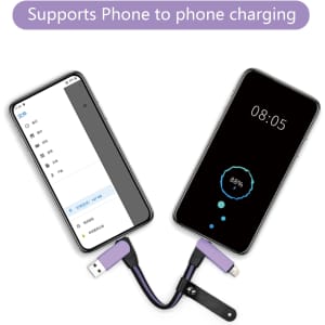 A braided charging cable in purple connects two smartphones, showing battery details on one screen and a menu on the other.