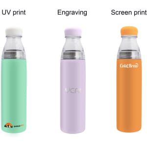 A drink bottle collection featuring a mint green, lavender, and orange stainless steel vacuum bottle with various finishes and a logo.