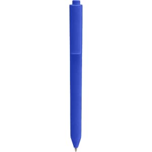 A blue triangular grip pen with a smooth finish and a clip on the side. It features a logo on its body.