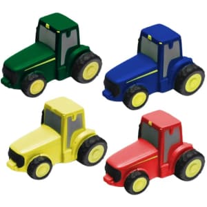 A set of four tractor-shaped stress relievers in green, blue, yellow, and red, with black wheels.