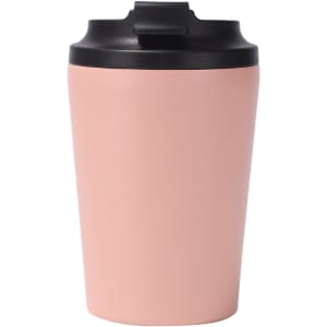A pink powder coated stainless steel coffee mug with a black lid and a logo.
