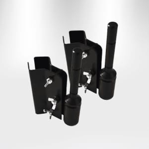 Two black tent pole holders with clamps for securing tent poles, designed for stability and support.