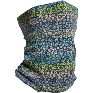 A multicoloured brushed Lycra warm gaiter featuring a vibrant leopard print design in blues, greens, and pinks.