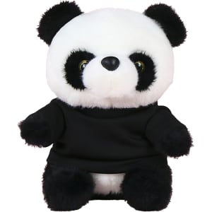A plush panda toy featuring black and white fur, dressed in a black shirt. It has round eyes and a soft, cuddly appearance.
