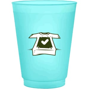 A frosted turquoise plastic stadium cup with a logo featuring a t-shirt design.