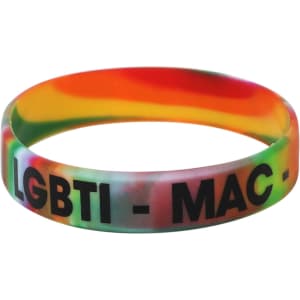 A marble coloured silicone wristband featuring a black logo, with vibrant hues of orange, green, and pink.