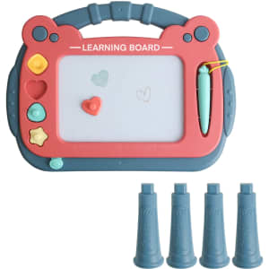 A magnetic drawing board in red and grey with a handle, featuring a drawing area and three detachable pens.