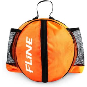 A round orange backpack with black mesh pockets and a logo, designed for carrying a ball.