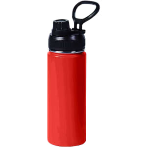 A drink bottle in bright red with a black lid and carry handle, featuring a logo.