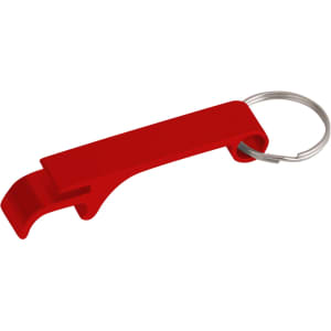A red aluminium keyring bottle opener with a circular keyring attachment.