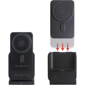 A black 3-in-1 power bank charging station with a circular wireless charging pad and a docking area for devices.