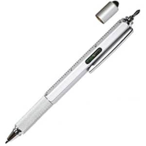 A silver multi-function pen with a textured grip, featuring a removable cap and an integrated logo.