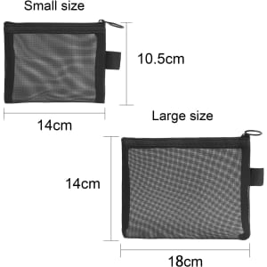 A nylon mesh flat cosmetic bag in black, featuring two sizes: small and large, with zippers.