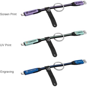 A braided charging cable in multiple colours, featuring a keyring attachment and various print options.