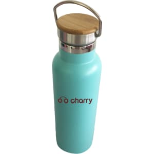 A drink bottle featuring a light blue exterior and a bamboo lid, with a logo on the front.