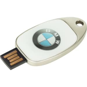 A silver and white sliding flash drive featuring a BMW logo on the front.