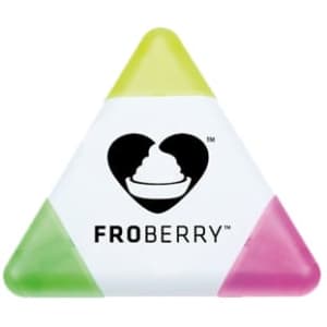 A triangular highlighter pen in yellow, green, and pink with a logo on one side.