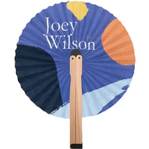A round wooden paper fan featuring a vibrant blue and orange design, with a wooden handle and a logo.