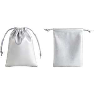 Silver PU leather drawstring gift bags, featuring a glossy finish and a simple design. One bag is closed, the other is open.