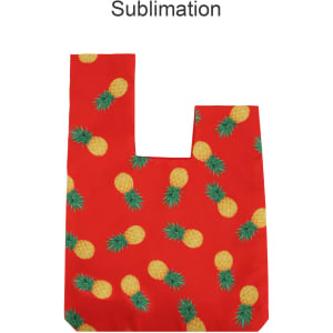 A red polyester wrist bag adorned with a pineapple pattern and featuring a logo.