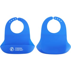 A blue silicone bib with a snap closure, featuring a pocket and a logo, displayed from two angles.