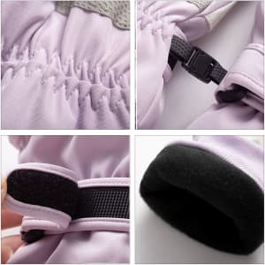 A pair of lavender ski gloves with a textured grip, adjustable strap, and soft lining at the cuff. Featuring a logo.