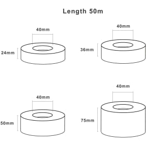 A diagram featuring four rolls of water activated gummed kraft paper tape in different sizes, all cylindrical in shape.