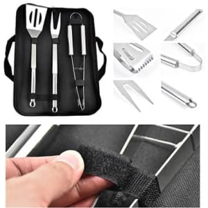 A set of stainless steel barbecue tools including a spatula, tongs, and a fork, stored in a black pouch.