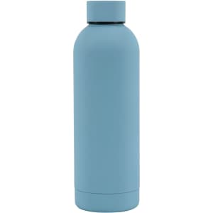 A drink bottle in a soft blue finish, featuring a rubber coating and a double wall design. It has a small logo.