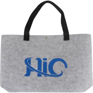 A grey felt shopping bag with black handles and a logo printed in blue.