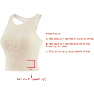 A beige seamless wide-strap racerback yoga bra tank with a logo in the lower right corner.