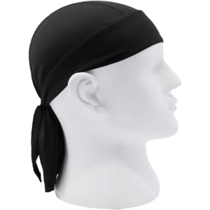 A black Cycling Bandana Hat displayed on a white mannequin head, featuring a mesh design and ties at the back.