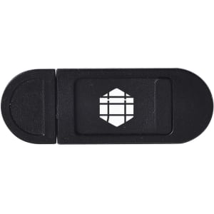 A black tablet webcam cover with a sliding design and a logo on the surface.