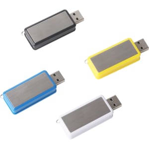 A 360-degree rotating flash drive in black, blue, yellow, and white with a metallic surface and branding.