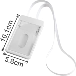 A white ABS retractable card holder with lanyard, measuring 10.1 cm by 5.8 cm, featuring a logo.