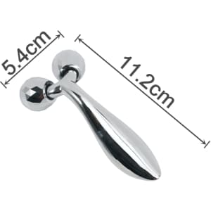 A chrome facial roller with two spherical ends, measuring 11.2 cm in length and 5.4 cm in width.