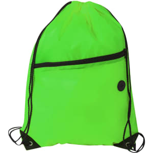 A bright green polyester drawstring bag featuring a zippered pocket and adjustable straps, complete with a logo.