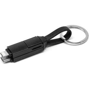 A black 3-in-1 charging cable with a keyring attachment, featuring multiple connector types.