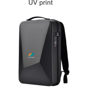 A black expandable hardshell backpack with a sleek design and a logo. It features a carry handle and shoulder strap.