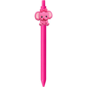 A pink pen featuring a cute elephant topper. The pen has a logo on its body.