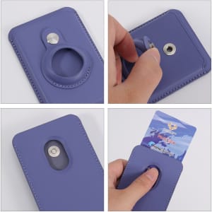 A purple PU magnetic card and AirTag holder with a hand inserting a card into the sleeve. Features a metal button.