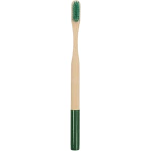 A bamboo toothbrush with a large round handle featuring a green and natural wood colour design. It has a logo.