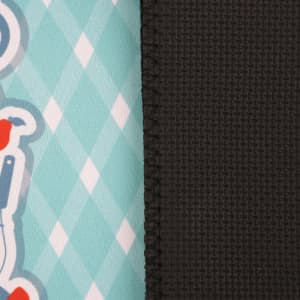 A neoprene oven mitt featuring a patterned fabric in turquoise and white, with a solid black textured side.