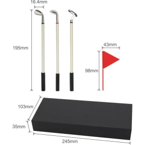 A golf pen gift set featuring three golf club-shaped pens and a black gift box with a red flag.