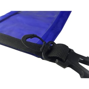 A close-up of a blue dry bag featuring a PVC window and a black adjustable strap with a clip.