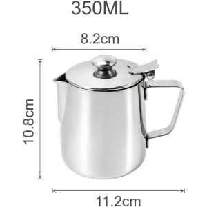 A stainless steel milk frothing pitcher with a lid, measuring 350ml and featuring a handle. It has a polished finish.