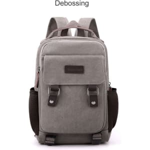 A grey canvas sling backpack with adjustable straps, featuring a front pocket and a logo.