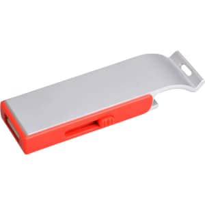 A drink bottle opener and flash drive in red and silver with a logo on the side.